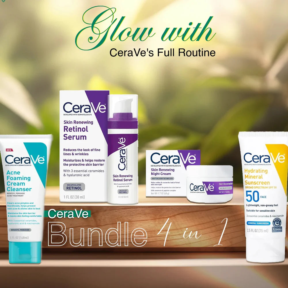 Cerave 4 In 1 Skincare Kit Night Cream, Sunblock, Cleanser & Serum, for Radiant Skin